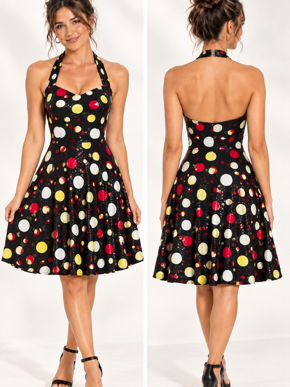 Vintage 80s Algy Black Shimmer Polka Dot Halter A-Line Dress Med Dance Costume